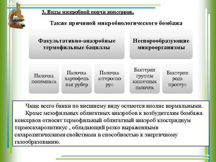 3. Виды микробной порчи консервов. Также причиной микробиологического бомбажа Факультативно-анаэробные термофильные бациллы Палочка полимикса