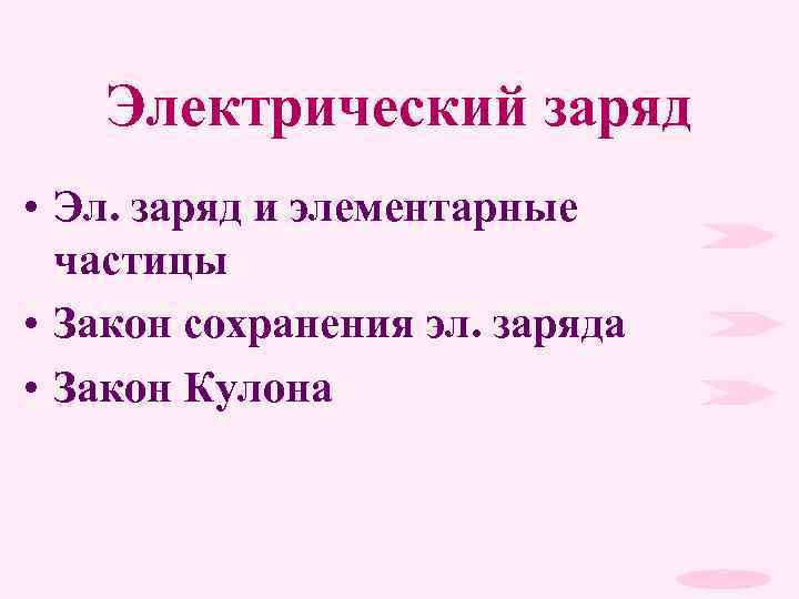 Электрический заряд • Эл. заряд и элементарные частицы • Закон сохранения эл. заряда •