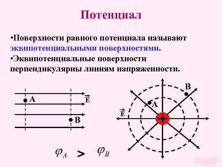 Потенциал • Поверхности равного потенциала называют эквипотенциальными поверхностями. • Эквипотенциальные поверхности перпендикулярны линиям напряженности.