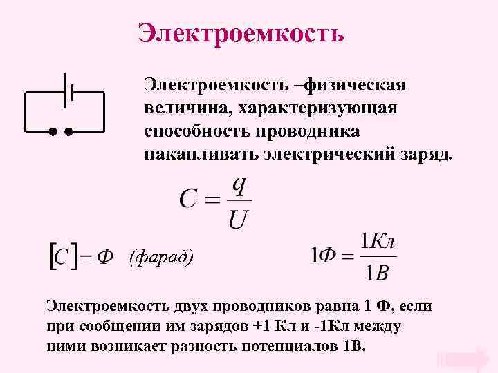 Электроемкость –физическая величина, характеризующая способность проводника накапливать электрический заряд. (фарад) Электроемкость двух проводников равна