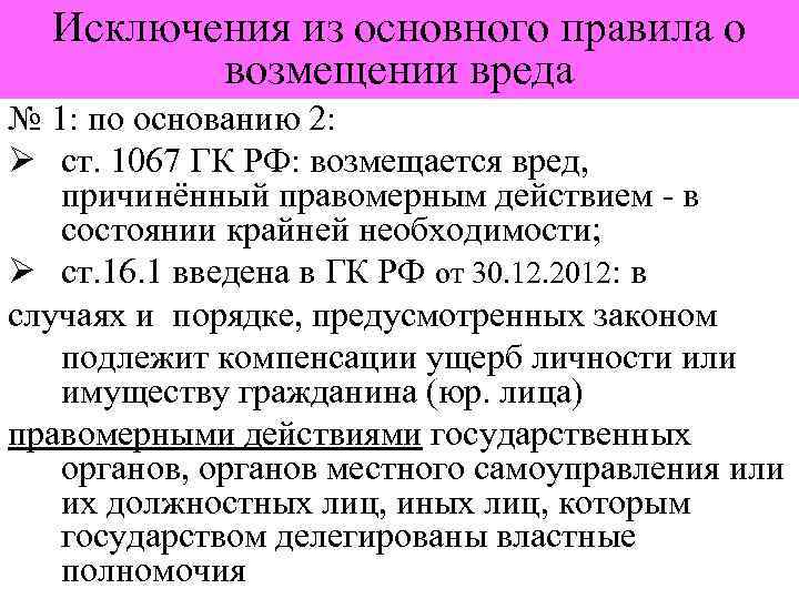 Исключения из основного правила о возмещении вреда № 1: по основанию 2: Ø ст.
