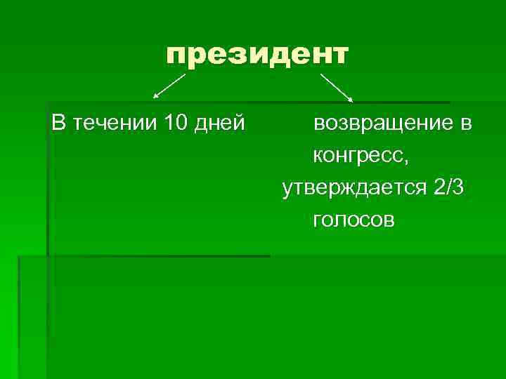 президент В течении 10 дней возвращение в конгресс, утверждается 2/3 голосов 