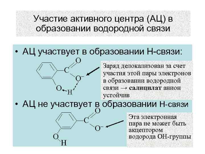 Участие активного центра (АЦ) в образовании водородной связи • АЦ участвует в образовании Н-связи: