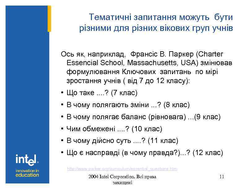 Тематичні запитання можуть бути різними для різних вікових груп учнів Ось як, наприклад, Франсіс
