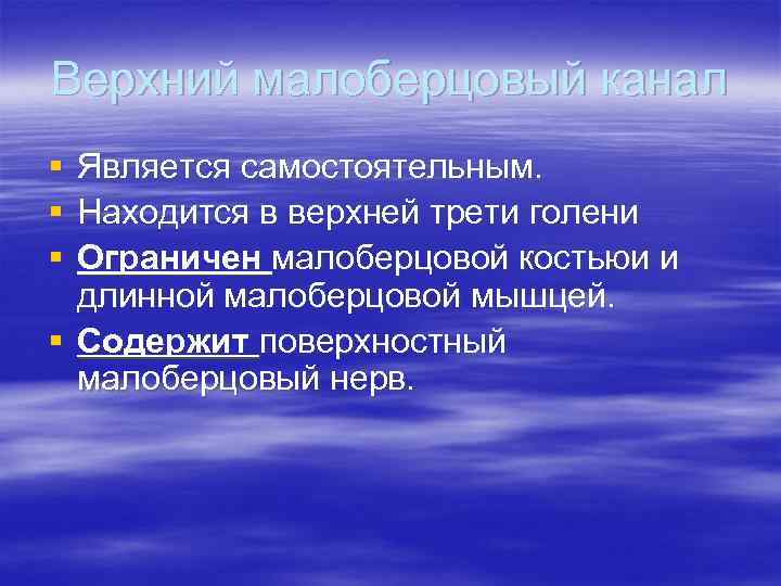 Верхний малоберцовый канал § § § Является самостоятельным. Находится в верхней трети голени Ограничен