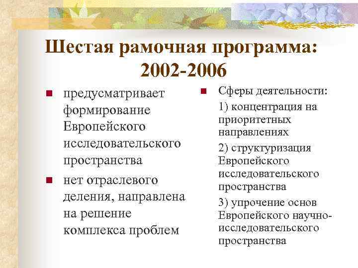 Шестая рамочная программа: 2002 -2006 n n предусматривает формирование Европейского исследовательского пространства нет отраслевого