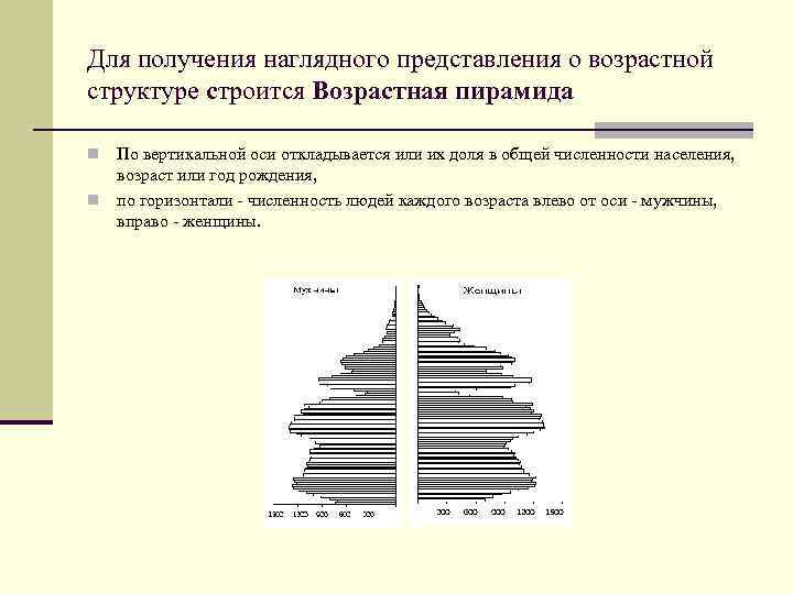 Для получения наглядного представления о возрастной структуре строится Возрастная пирамида По вертикальной оси откладывается