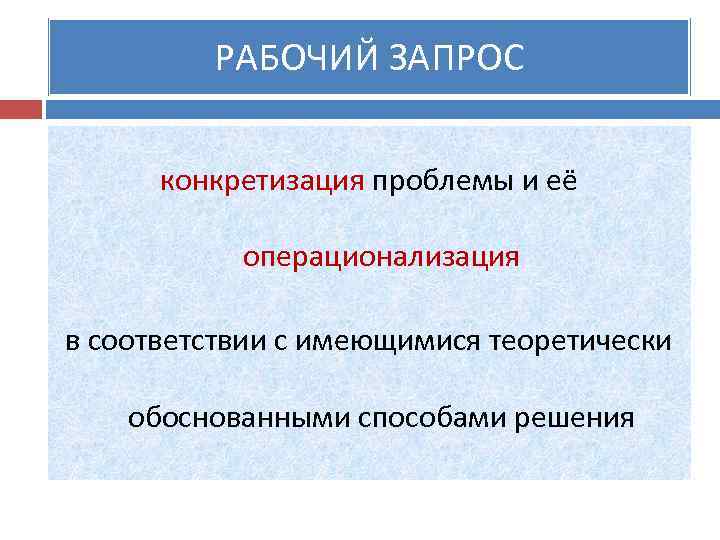 РАБОЧИЙ ЗАПРОС конкретизация проблемы и её операционализация в соответствии с имеющимися теоретически обоснованными способами