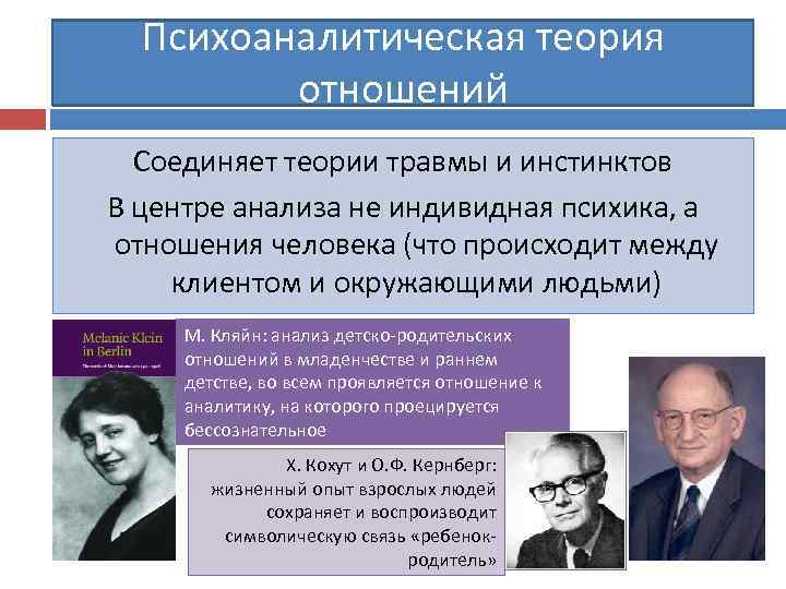 Психоаналитическая теория отношений Соединяет теории травмы и инстинктов В центре анализа не индивидная психика,