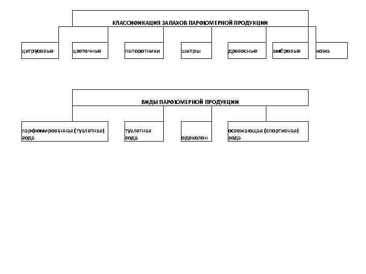 КЛАССИФИКАЦИЯ ЗАПАХОВ ПАРФЮМЕРНОЙ ПРОДУКЦИИ цитрусовые цветочные папоротники шипры древесные амбровые кожа ВИДЫ ПАРФЮМЕРНОЙ ПРОДУКЦИИ