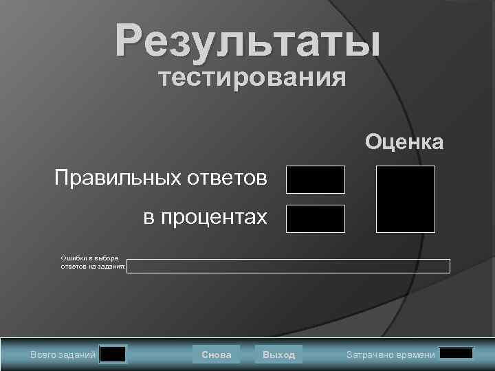 Результаты тестирования Оценка Правильных ответов в процентах Ошибки в выборе ответов на задания: Всего