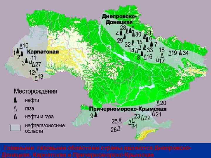  Главными газовыми областями страны являются Днепровско. Донецкая, Карпатская и Причерноморско-Крымская 