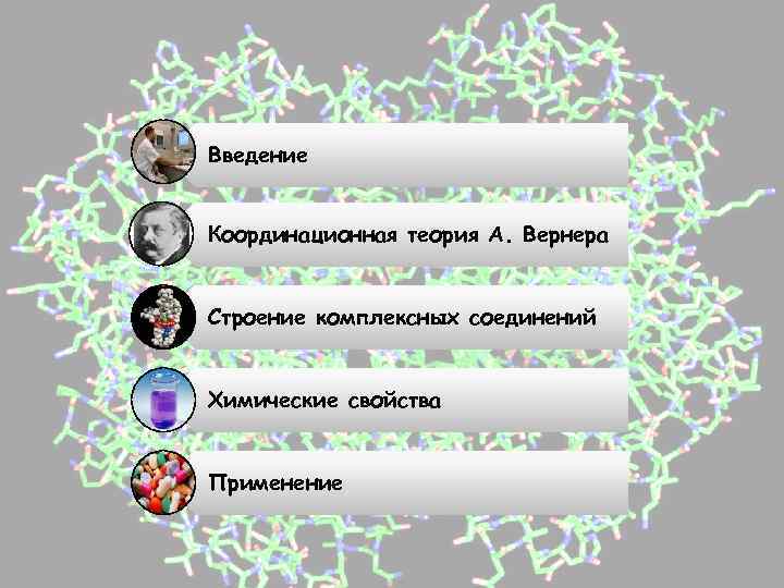 Введение Координационная теория А. Вернера Строение комплексных соединений Химические свойства Применение 