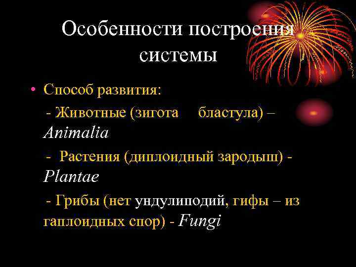 Особенности построения системы • Способ развития: - Животные (зигота бластула) – Animalia - Растения