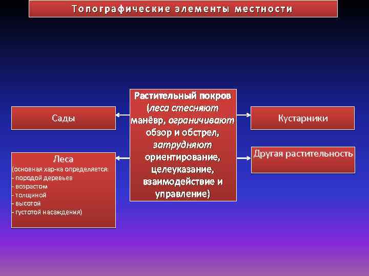 Топографические элементы местности Сады Леса (основная хар-ка определяется: - породой деревьев - возрастом -
