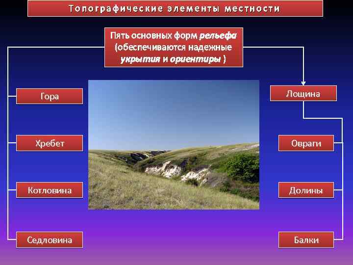 Топографические элементы местности Пять основных форм рельефа (обеспечиваются надежные укрытия и ориентиры ) Гора