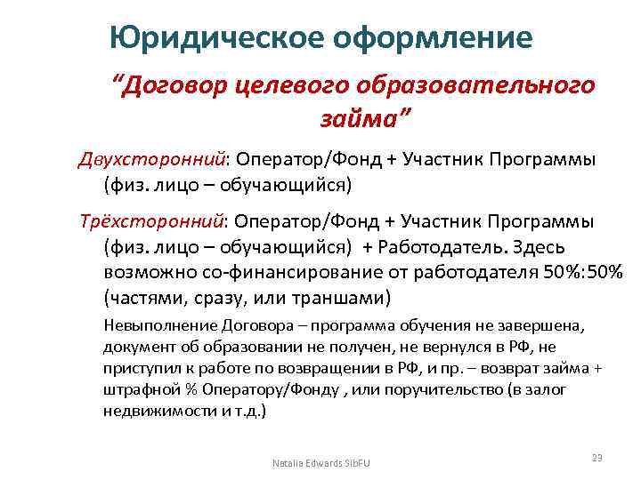 Юридическое оформление “Договор целевого образовательного займа” Двухсторонний: Оператор/Фонд + Участник Программы (физ. лицо –