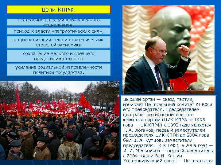 Цели КПРФ: построение в России «обновлённого социализма» . приход к власти «патриотических сил» ,