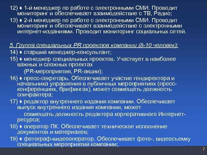 12) ♦ 1 -й менеджер по работе с электронными СМИ. Проводит мониторинг и обеспечивает