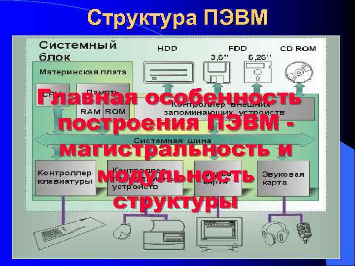 Структура ПЭВМ Главная особенность построения ПЭВМ магистральность и модульность структуры 