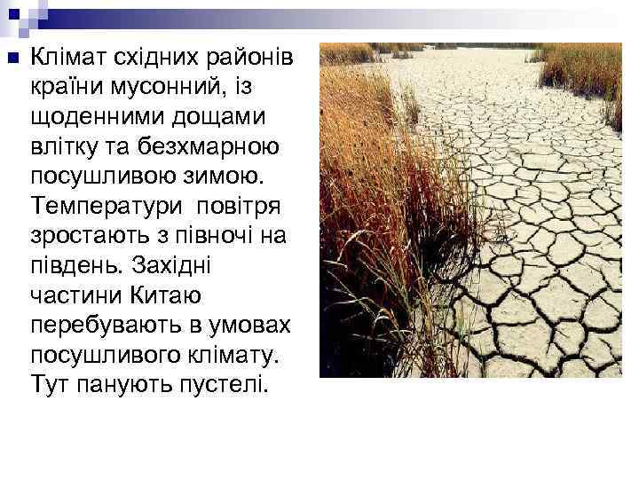 n Клімат східних районів країни мусонний, із щоденними дощами влітку та безхмарною посушливою зимою.