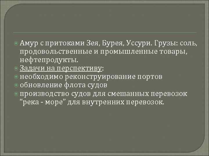  Амур с притоками Зея, Бурея, Уссури. Грузы: соль, продовольственные и промышленные товары, нефтепродукты.