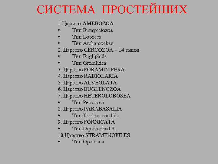 СИСТЕМА ПРОСТЕЙШИХ 1 Царство AMEBOZOA • Тип Eumycetozoa • Тип Lobosea • Тип Archamoebae