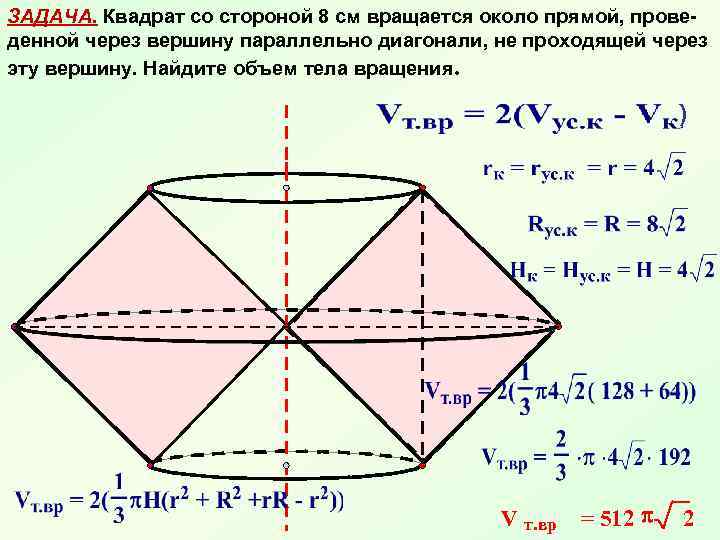 Прямая проходит через вершину квадрата. Квадрат со стороной 8 см вращается около прямой. Вращение квадрата вокруг стороны. Объем тел вращения презентация. Вращение квадрата вокруг диагонали.