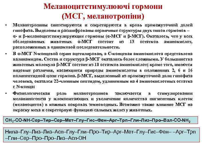 Меланоцитстимулюючі гормони (МСГ, меланотропіни) • • • Меланотропины синтезируются и секретируются в кровь промежуточной