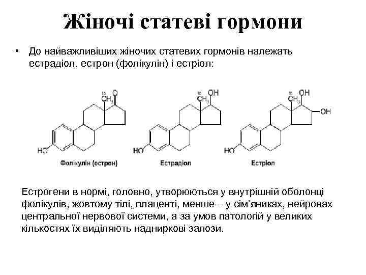 Жіночі статеві гормони • До найважливіших жіночих статевих гормонів належать естрадіол, естрон (фолікулін) і