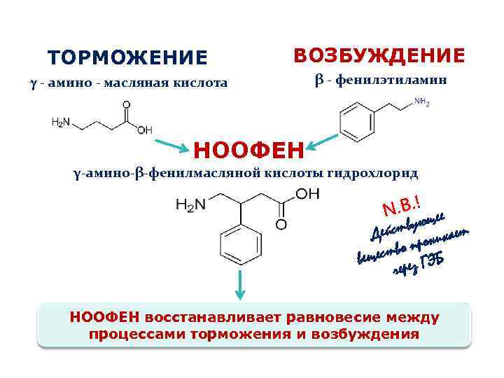 ТОРМОЖЕНИЕ ВОЗБУЖДЕНИЕ - амино - масляная кислота β - фенилэтиламин НООФЕН γ-амино-β-фенилмасляной кислоты гидрохлорид