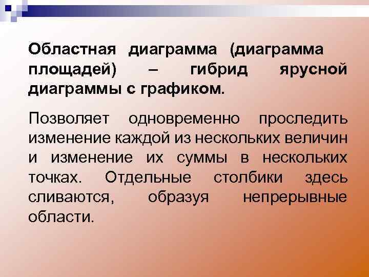 Областная диаграмма (диаграмма площадей) – гибрид ярусной диаграммы с графиком. Позволяет одновременно проследить изменение