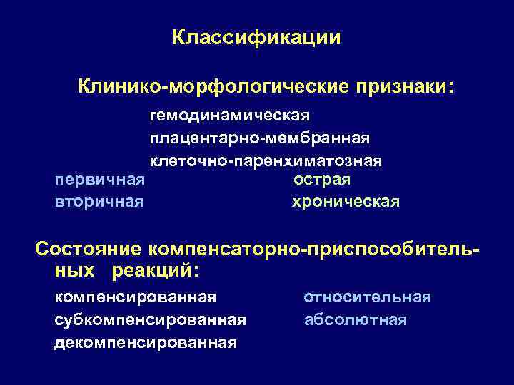 Классификации Клинико-морфологические признаки: гемодинамическая плацентарно-мембранная клеточно-паренхиматозная первичная острая вторичная хроническая Состояние компенсаторно-приспособительных реакций: компенсированная