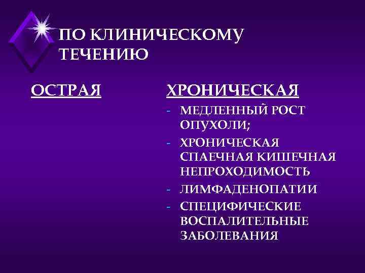 ПО КЛИНИЧЕСКОМУ ТЕЧЕНИЮ ОСТРАЯ ХРОНИЧЕСКАЯ - МЕДЛЕННЫЙ РОСТ ОПУХОЛИ; - ХРОНИЧЕСКАЯ СПАЕЧНАЯ КИШЕЧНАЯ НЕПРОХОДИМОСТЬ