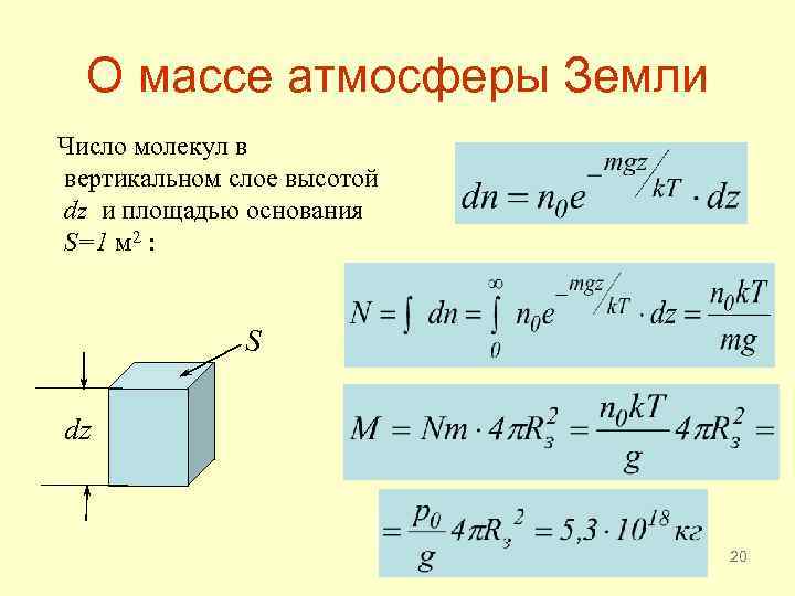 О массе атмосферы Земли Число молекул в вертикальном слое высотой dz и площадью основания