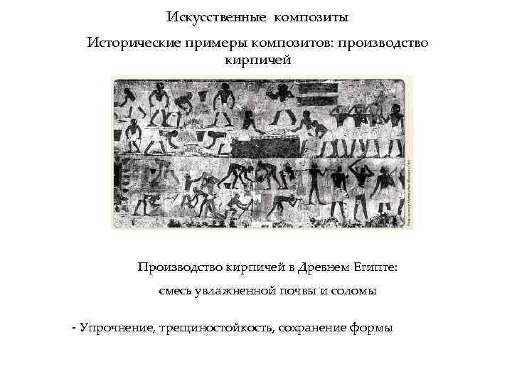 Искусственные композиты Исторические примеры композитов: производство кирпичей Производство кирпичей в Древнем Египте: смесь увлажненной