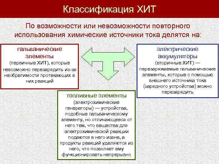 Классификация ХИТ По возможности или невозможности повторного использования химические источники тока делятся на: гальванические