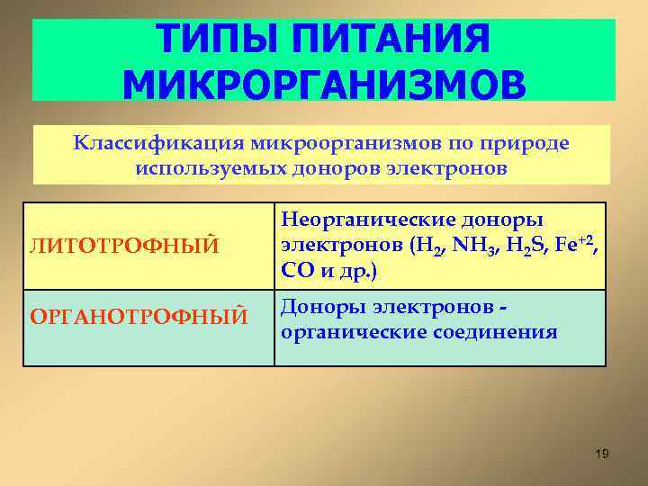 ТИПЫ ПИТАНИЯ МИКРОРГАНИЗМОВ Классификация микроорганизмов по природе используемых доноров электронов ЛИТОТРОФНЫЙ Неорганические доноры электронов