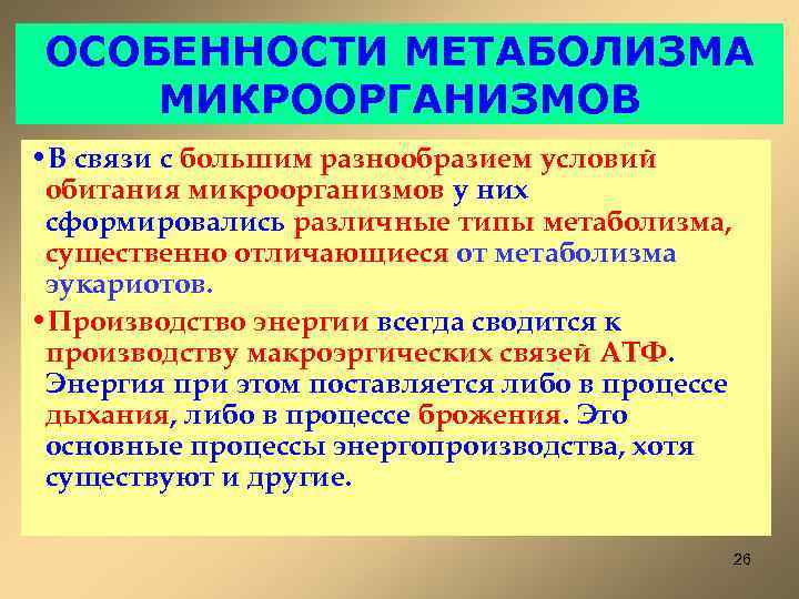 ОСОБЕННОСТИ МЕТАБОЛИЗМА МИКРООРГАНИЗМОВ • В связи с большим разнообразием условий обитания микроорганизмов у них