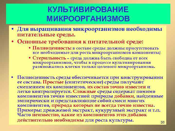 КУЛЬТИВИРОВАНИЕ МИКРООРГАНИЗМОВ • Для выращивания микроорганизмов необходимы питательные среды. • Основные требования к питательной