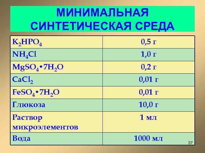 МИНИМАЛЬНАЯ СИНТЕТИЧЕСКАЯ СРЕДА K 2 HPO 4 0, 5 г NH 4 Cl 1,