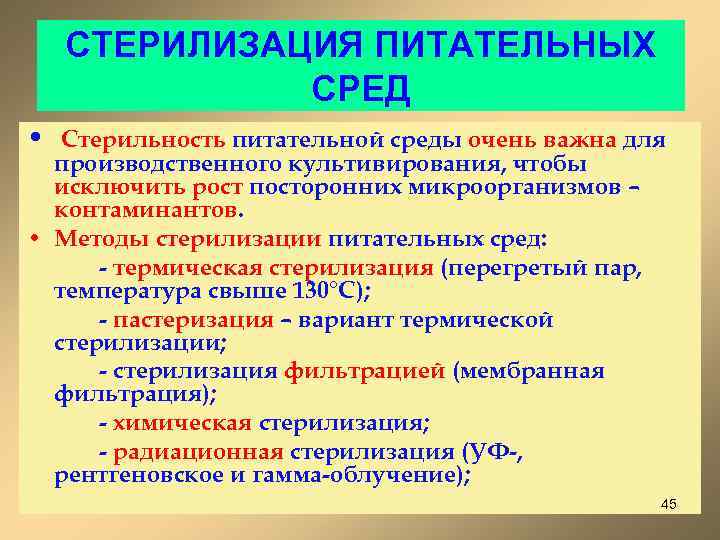 СТЕРИЛИЗАЦИЯ ПИТАТЕЛЬНЫХ СРЕД • Стерильность питательной среды очень важна для производственного культивирования, чтобы исключить