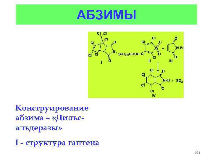 АБЗИМЫ Конструирование абзима – «Дильсальдеразы» I - структура гаптена 191 
