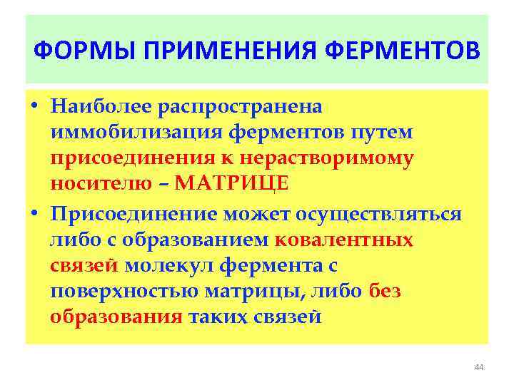 ФОРМЫ ПРИМЕНЕНИЯ ФЕРМЕНТОВ • Наиболее распространена иммобилизация ферментов путем присоединения к нерастворимому носителю –