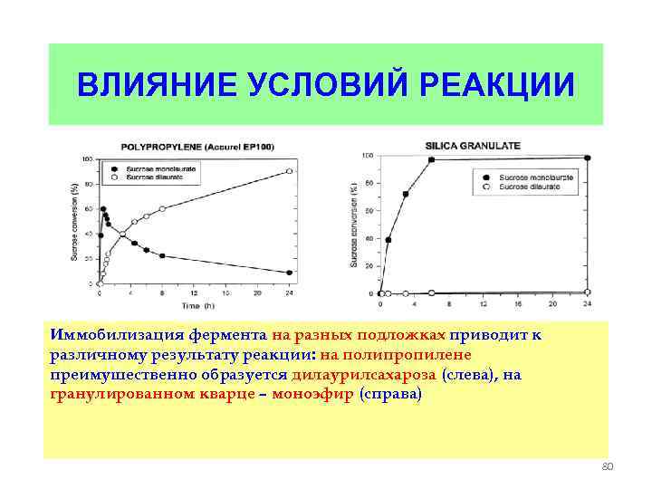 ВЛИЯНИЕ УСЛОВИЙ РЕАКЦИИ Иммобилизация фермента на разных подложках приводит к различному результату реакции: на