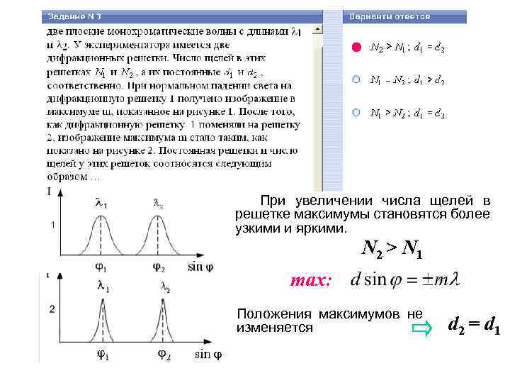 При увеличении числа щелей в решетке максимумы становятся более узкими и яркими. N 2