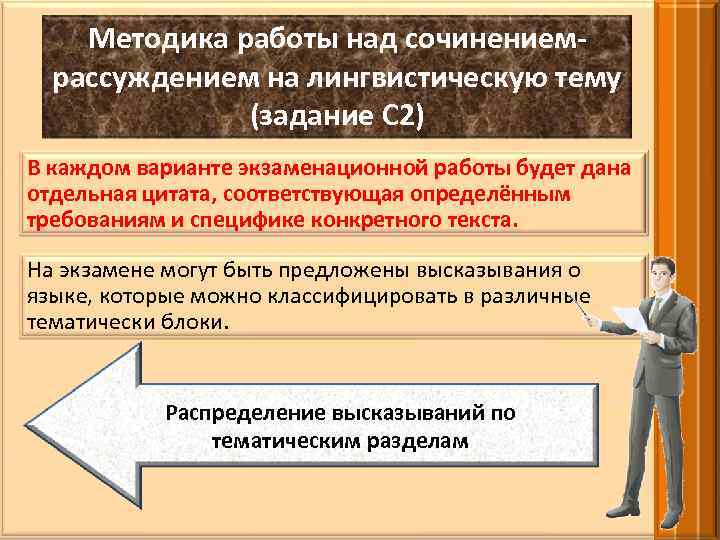 Методика работы над сочинениемрассуждением на лингвистическую тему (задание С 2) В каждом варианте экзаменационной