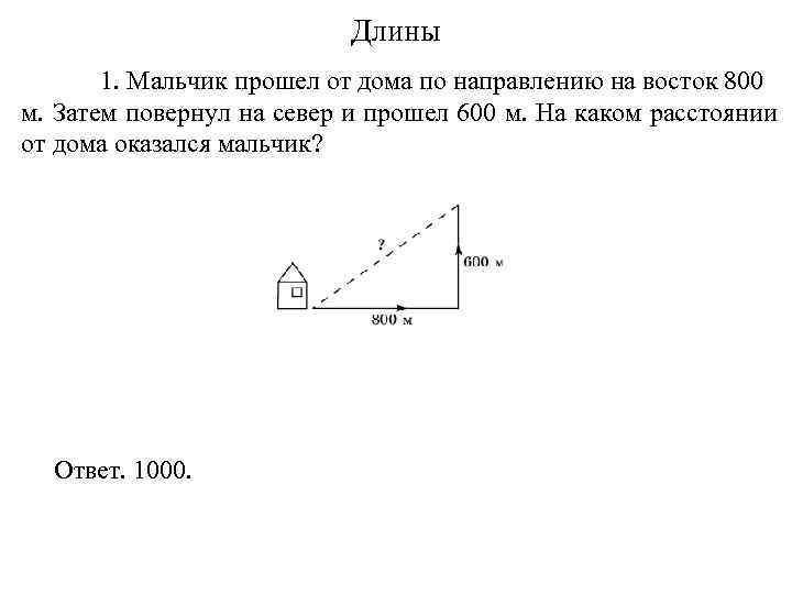 Длины 1. Мальчик прошел от дома по направлению на восток 800 м. Затем повернул