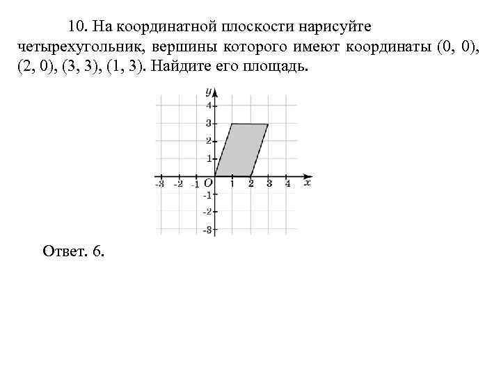 10. На координатной плоскости нарисуйте четырехугольник, вершины которого имеют координаты (0, 0), (2, 0),