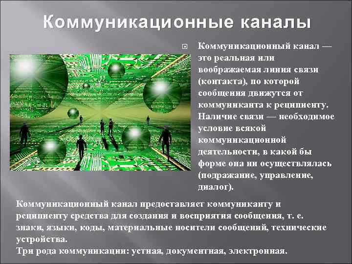 Коммуникационные каналы Коммуникационный канал — это реальная или воображаемая линия связи (контакта), по которой